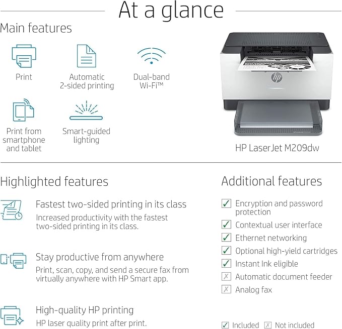 HP Laserjet M209dw High-Speed Wireless Monochrome Laser Printer for Home Use and Small Business, Fast 2-Sided Printing, Dual Band WiFi Compact Black and White Printers (Renewed)
