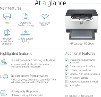 HP Laserjet M209dw High-Speed Wireless Monochrome Laser Printer for Home Use and Small Business, Fast 2-Sided Printing, Dual Band WiFi Compact Black and White Printers (Renewed)