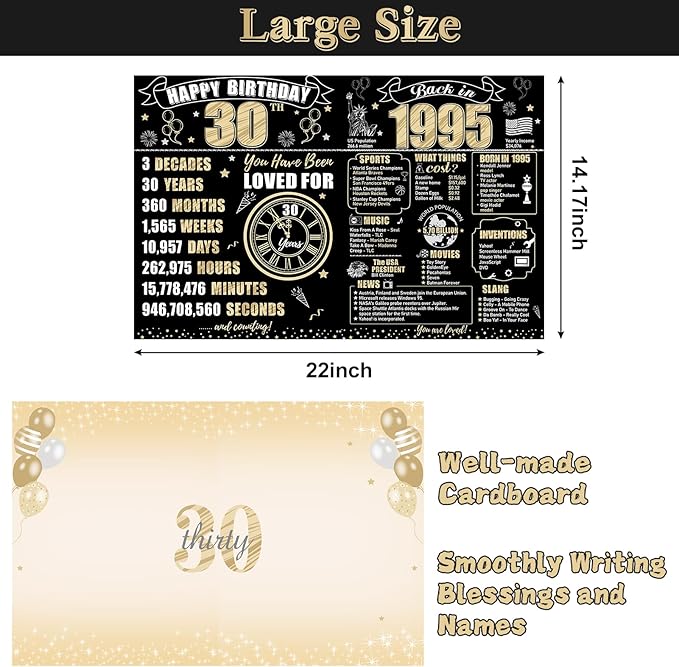 Large 30th Birthday Gift Card With Envelope for Men Women, 1995 Black Gold Happy 30th Birthday Giant Guest Signature Book Gifts, Big Vintage Thirty Greeting Card Decoration Party Supply