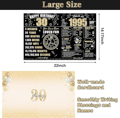 Large 30th Birthday Gift Card With Envelope for Men Women, 1995 Black Gold Happy 30th Birthday Giant Guest Signature Book Gifts, Big Vintage Thirty Greeting Card Decoration Party Supply
