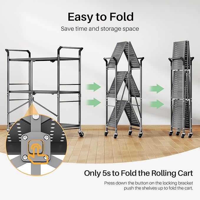 Rolling Utility Cart Folding Cart with Wheels - 3 Tier Collapsible Metal Cart, Large Capacity
