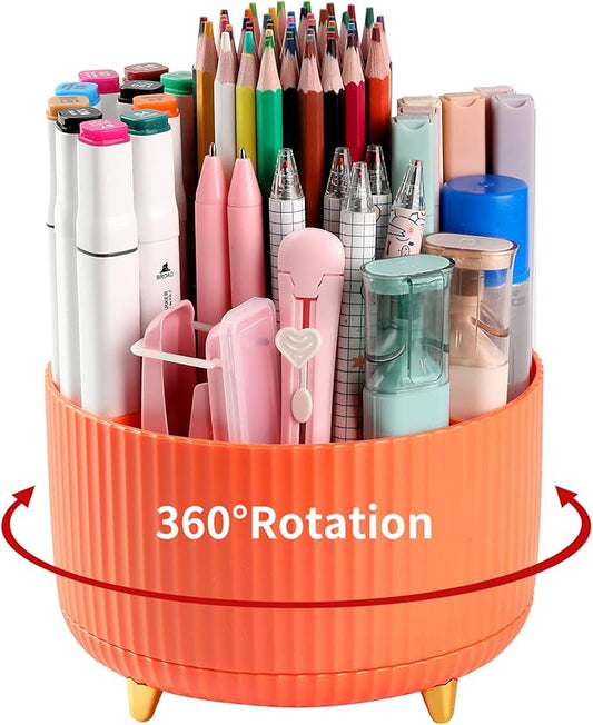 Desk Pencil Pen Holder, 5 Slots 360°Degree Rotating Pencil Pen Organizers for Desk, Desktop Storage Stationery Supplies Organizer, Cute Pencil Cup Pot for Office, School, Home, Art Supply, Orange