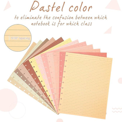 PerKoop 12 Pack 480 Sheets Colored Discbound Refill Paper 8.5 x 11 Inch College Ruled 11 Disc Letter Size Lined Paper Multicolored Refill Notebooks Disc Paper for Refill Paper Journaling (Nutty Color)