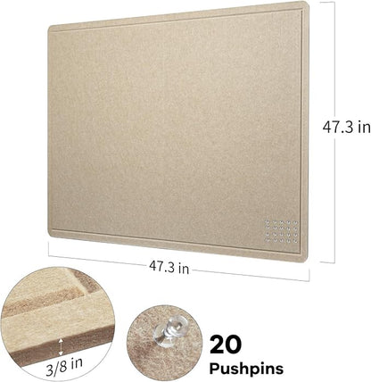 Large Bulletin Board - 48 x 48 Inches, Decorative Felt Pin Board for Wall - 4' x 4' Foldable Photo Display Board with Self-Adhesive Tape, Includes 20 Push Pins - Beige Brown