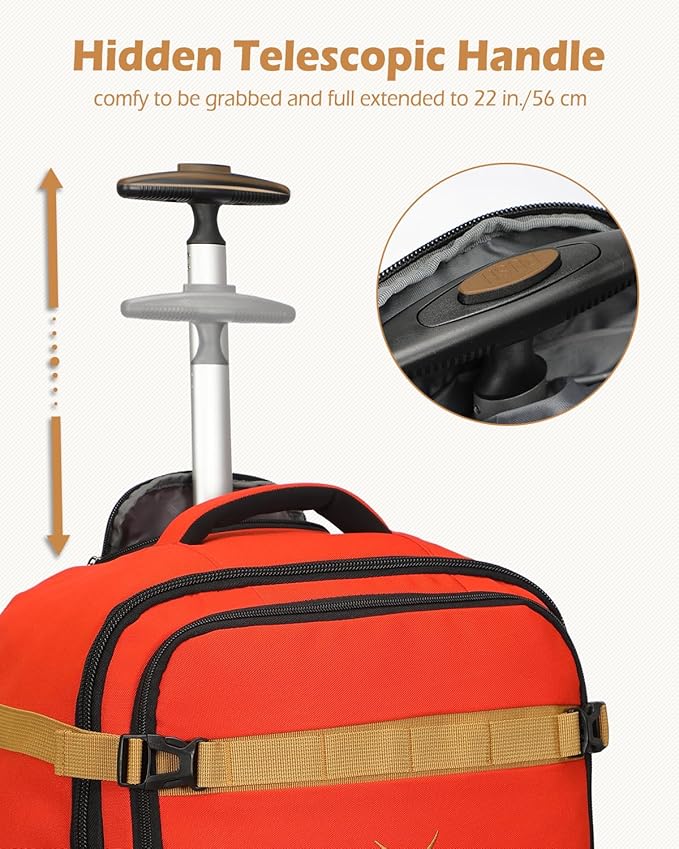 Hynes Eagle Rolling Backpack 42L Backpack with Wheels Airline Approved Carry on Luggage Laptop Travel Backpack for Women Men Orange Red