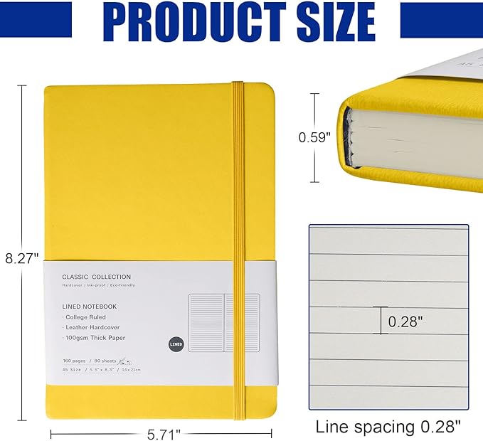 Lined Journal Notebook, 6Pack(bright yellow), 160 Pages, Medium 5.7 inches x 8 inches - 100 gsm Thick Paper, Hardcover