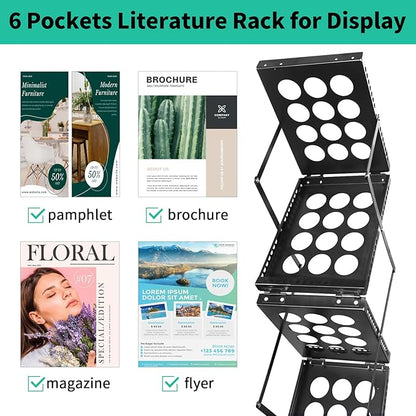 Folding Literature Rack, 6 Pockets Metal Brochure Holder Stand Floor Standing Magazine Rack，Double-sided Display Flyer Holder Stand Literature Stand for Trade Show Office Store Home