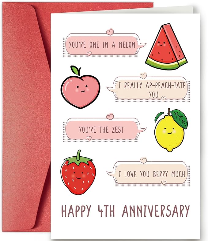 SuperShunhu Cute 4th Anniversary Card for Him & Her, Fruit Pun Anniversary Card Gift for Husband & Wife