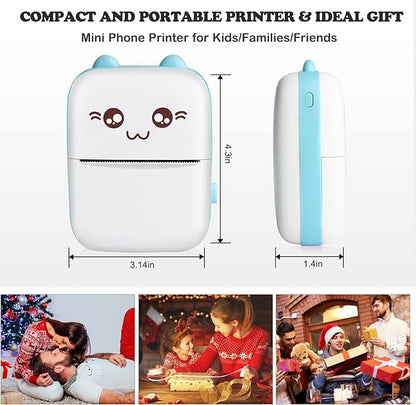 Mini Sticker Printer, Inkless Thermal Printer with 10 Rolls Paper, Portable Bluetooth Pocket Printers for Photo Journal Notes Memo, Compatible with Phone Android or iOS