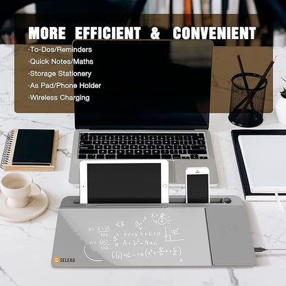 SELEAD Desktop Glass Whiteboard with Wireless Charger Station, Dry Erase White Board Computer Pad Keyboard Stand with Organizer for Home, School, Office Desk Accessories, Gray