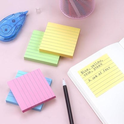 Lined Sticky Notes 3x3 Sticky Notes with Lines Self-Stick Notes Bright Color 4 Pads 90 Sheets/Pad (Pastel)