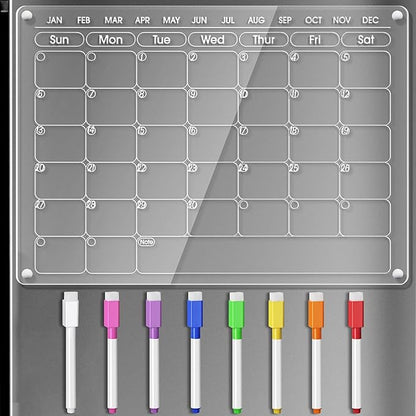 Magnetic Acrylic Calendar for Fridge Refrigerator Monthly Dry Erase Board w/ 8 Markers & Magnetic Pen Holder, Organic Glass Clear Planning Whiteboard Workout Board Meal Planner Magnetic 16x12''