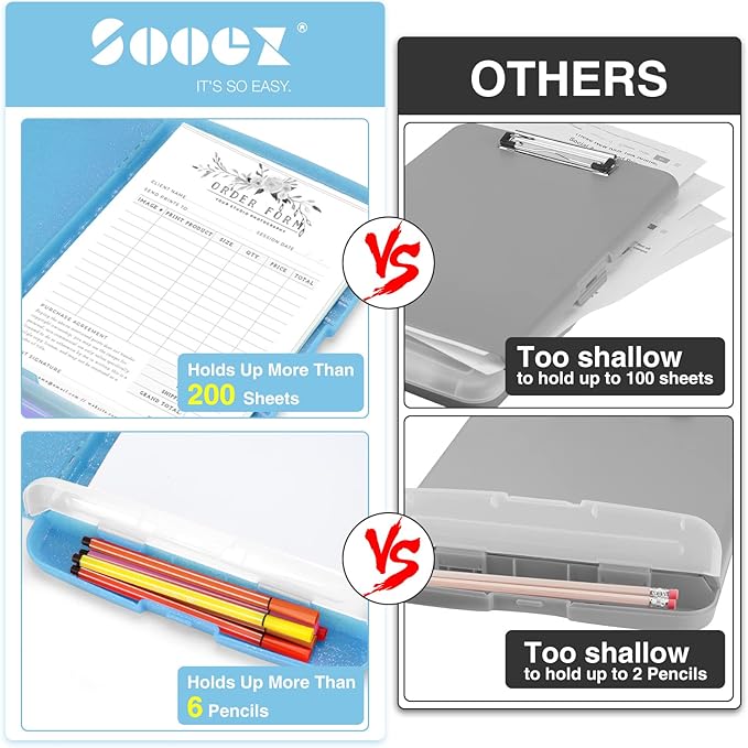 Sooez Glitter Clipboard with Storage, High Capacity Storage Clipboard with Pen Holder, Cute Clip Boards 8.5x11 with Low Profile Clip, Sparkle Plastic Clipboard Case Box for Women & Kids, Side Opening