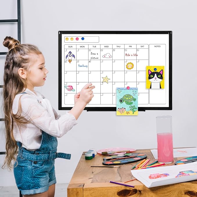 Monthly Calendar Dry Erase Whiteboard, 30" x 20" Magnetic Calendar White Board, Double-Sided Portable Board with Black Aluminium Frame for Office, Kitchen, School, Home