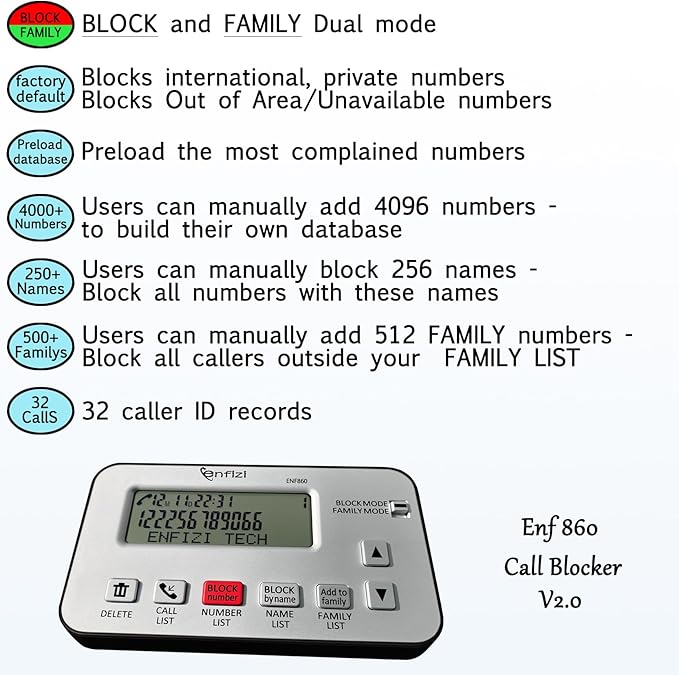 Enf860 Call Blocker for Landline Phones, Blacklist/Whitelist Dual Mode, Block spam Calls by Number and Name
