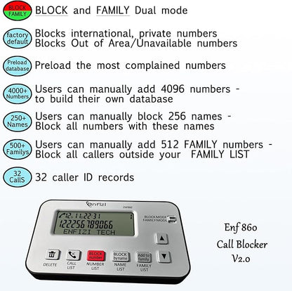 Enf860 Call Blocker for Landline Phones, Blacklist/Whitelist Dual Mode, Block spam Calls by Number and Name