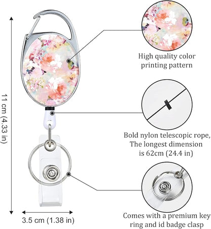 Badge Reels Retractable，Double Sided Color Print Pattern Retractable Badge Holders，with Retractable Keychain, Badge Clip and Key Ring，Durable Nylon Retractable Rope，Pink Flower