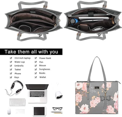 MOSISO Laptop Tote Bag Compatible with MacBook Air 15 inch M2 A2941/Pro 16 inch M3 M2 M1, 15-15.6 inch Notebook, Peony PU Leather Travel Work Briefcase with Detachable Bowknot & Small Purse, Grey