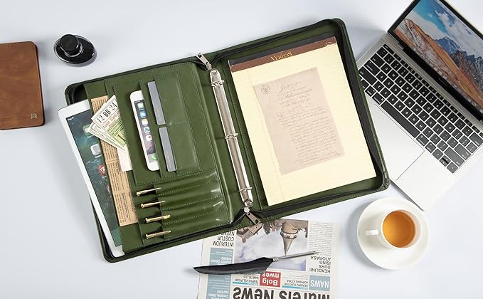 Free Engraved Name, 3 Ring Binder Padfolio, Vegan Leather Portfolio with a4 Clipboard, 3 Ring Padfolio A4 Organizer, Resume Planner, Green, Gift for Men/Women,Customized