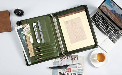 Free Engraved Name, 3 Ring Binder Padfolio, Vegan Leather Portfolio with a4 Clipboard, 3 Ring Padfolio A4 Organizer, Resume Planner, Green, Gift for Men/Women,Customized