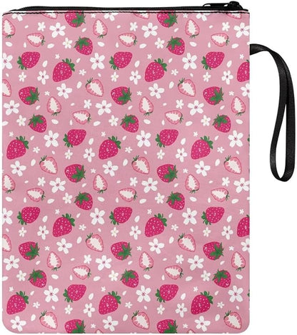 COEQINE Strawberry Book Sleeve Protector Book Cover with Zipper Book Sleeves Washable Hardcover Paperbacks Book Sox with Front Pocket