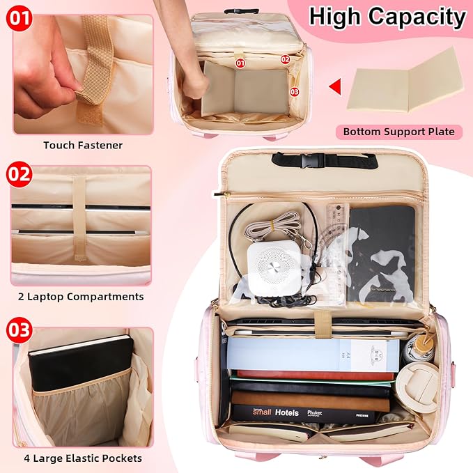 Rolling Teacher Tote Bag with Detachable Trolley, Wheeled Teacher Bag with 15 Inch Laptop Compartment, Soft Nylon Multifunctional Tote Bag with Wheels for Teaching& Office Supplies (Pink)