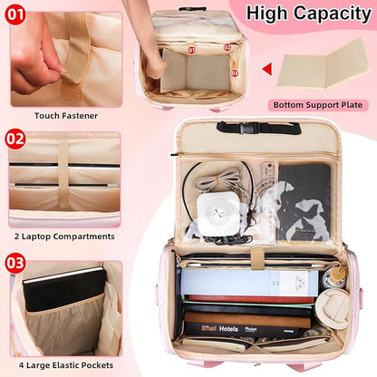 Rolling Teacher Tote Bag with Detachable Trolley, Wheeled Teacher Bag with 15 Inch Laptop Compartment, Soft Nylon Multifunctional Tote Bag with Wheels for Teaching& Office Supplies (Pink)