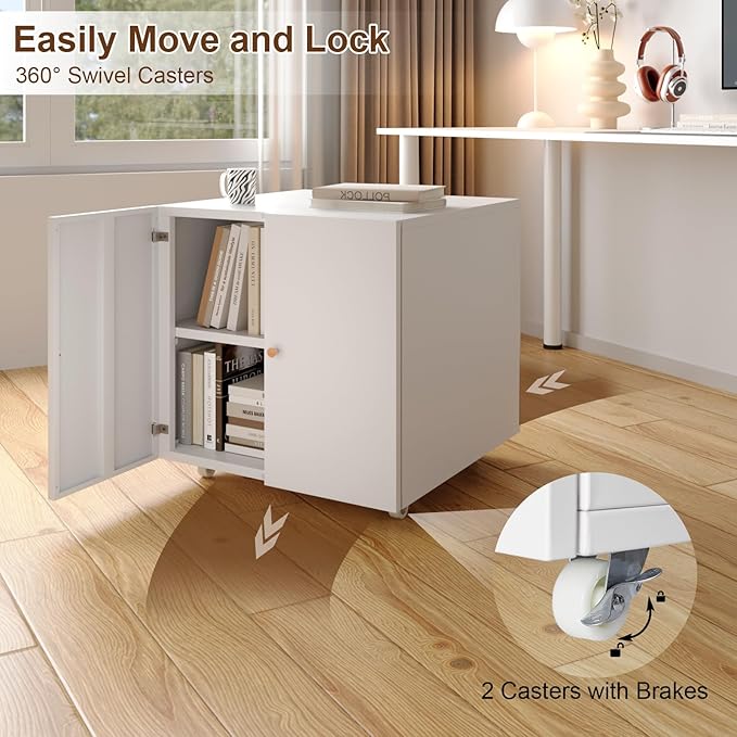 Metal Printer Stand, Large Printer Table with Wheels, Heavy Duty Printer Cabinet Stand, Mobile Fax Machine Stand with Storage, Modern Printer Stands for Home Office, Copier, Computer