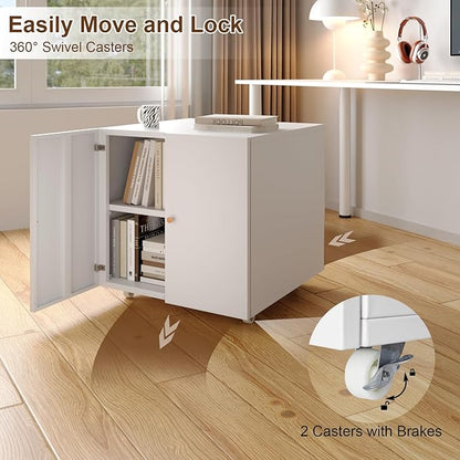 Metal Printer Stand, Large Printer Table with Wheels, Heavy Duty Printer Cabinet Stand, Mobile Fax Machine Stand with Storage, Modern Printer Stands for Home Office, Copier, Computer