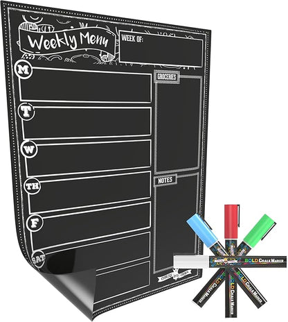 CHALKY CROWN Magnetic Dry Erase Menu Board for Fridge Includes 4 Liquid Chalk Markers - Weekly Meal Planner Blackboard, Grocery List & Notepad for Kitchen Refrigerator - Chalkboard Magnet