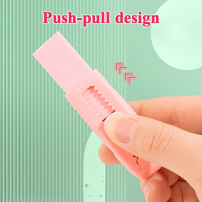 M&G 4+1 Pack Rubber Pink Erasers Sliding Retractable Eraser, Soft Cute Erasers Push Pull Large Pencil Erasers with Plastic Sleeve 4 Refill Eraser for School Students Kids Office Home Supplies
