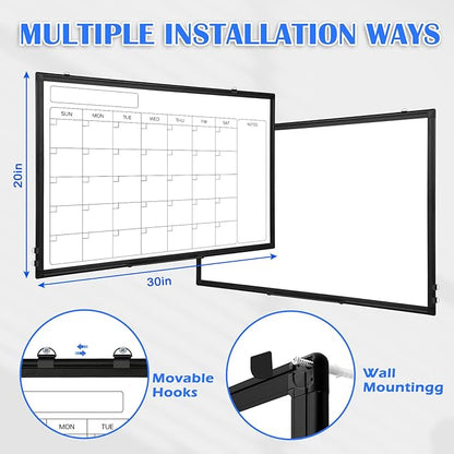 Monthly Calendar Dry Erase Whiteboard, 30" x 20" Magnetic Calendar White Board, Double-Sided Portable Board with Black Aluminium Frame for Office, Kitchen, School, Home
