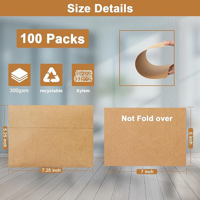 100 Packs Brown Blank Flat Cards and Envelopes 5 x 7 Heavyweight Single Panel Cardstock and A7 Envelopes Self Seal for Wedding Invitations, Birthday, Thank You Cards, Mailing