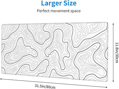 Abstract Topographic Map White Grey Black Gaming Mouse Pad Long Mouse Pad Large Desk Mat 31.5 X 11.8 Inch Mousepad with Non-Slip Base Stitched Edge Keyboard Mat for Gaming Office