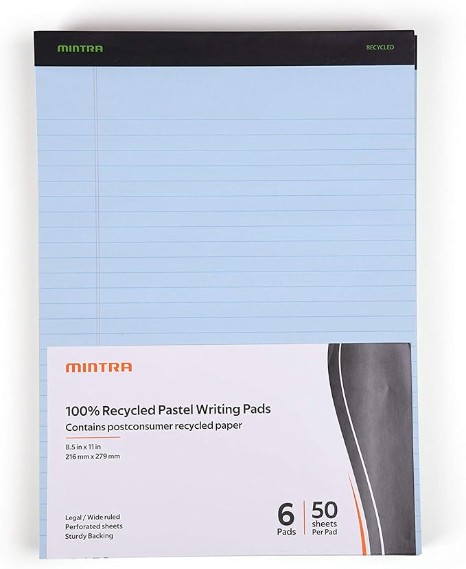 Mintra Office Recycled Writing Pads 6pk (Pastel, Wide Ruled (8.5in x 11in)) - 50 Sheets per Notepad, Micro perforated, Legal Pad, Notebook Paper for School, College, Office, Business
