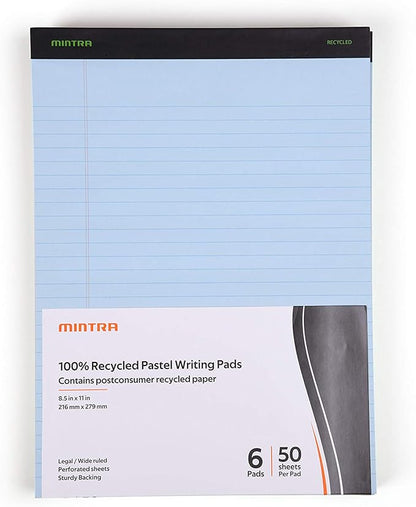Mintra Office Recycled Writing Pads 6pk (Pastel, Wide Ruled (8.5in x 11in)) - 50 Sheets per Notepad, Micro perforated, Legal Pad, Notebook Paper for School, College, Office, Business