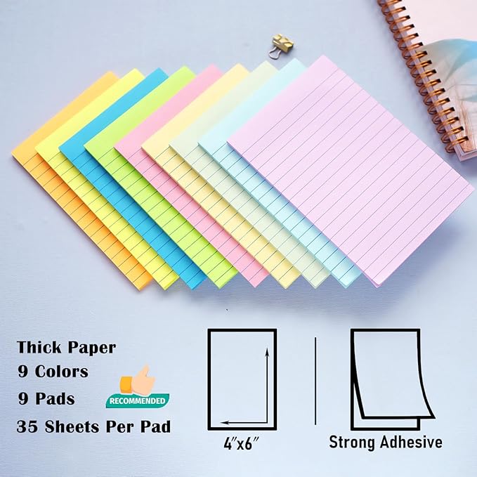 9 Pack Lined Sticky Notes 4X6 in Post, 9 Pastel Colors Large Ruled Post Sticky Colorful Super Sticking Power Memo Pads Strong Adhesive, Sticky Notes with Lines Office, Home, 35 Sheets/pad