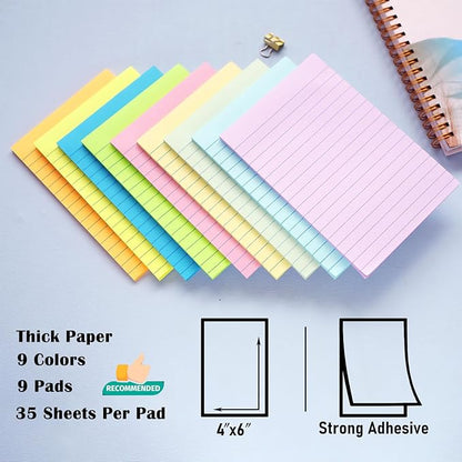 9 Pack Lined Sticky Notes 4X6 in Post, 9 Pastel Colors Large Ruled Post Sticky Colorful Super Sticking Power Memo Pads Strong Adhesive, Sticky Notes with Lines Office, Home, 35 Sheets/pad