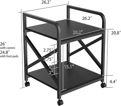Ollieroo 2 Tier Printer Stand with Storage Shelf, Printer Table with Height Adjustable Top Shelf, Under Desk Storage Printer Cart for Paper Shredder Scanner, 3D Printer Stand for Home Office(Black)