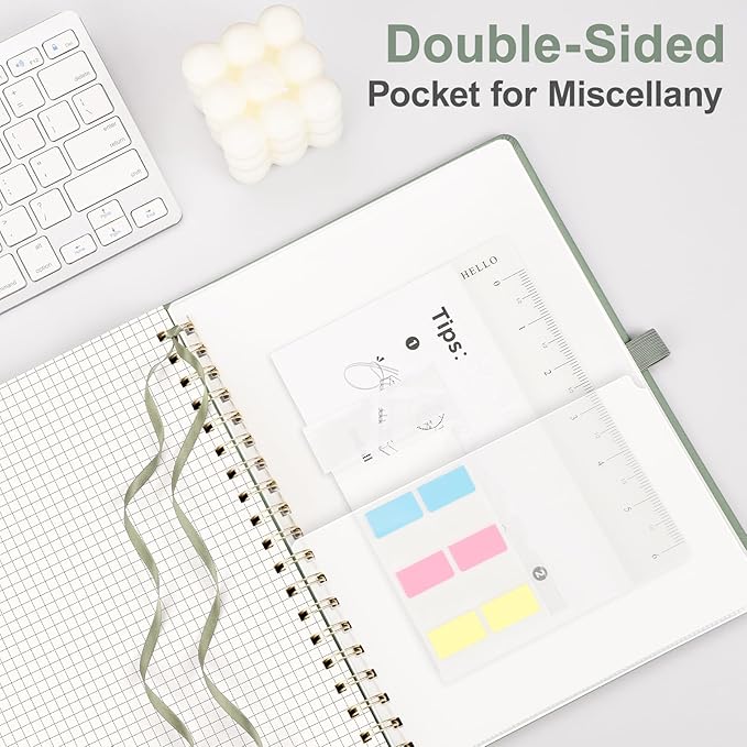 AHGXG Graph Paper Notebook - Spiral Notebook Hardcover Leather Journal 140 Pages, B5 Large Grid Notebook 7.6" x 10", 100 gsm Thick Paper, for School Writing Graphing Engineering Math, Sage Green