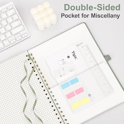 AHGXG Graph Paper Notebook - Spiral Notebook Hardcover Leather Journal 140 Pages, B5 Large Grid Notebook 7.6" x 10", 100 gsm Thick Paper, for School Writing Graphing Engineering Math, Sage Green