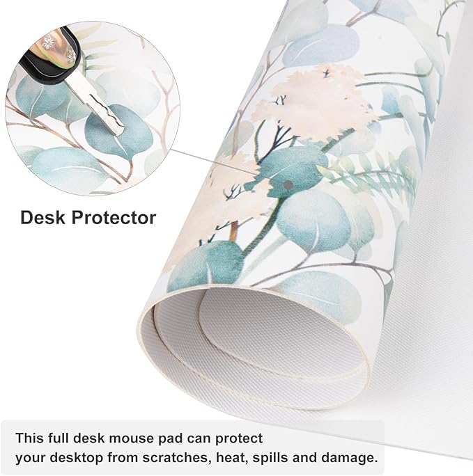 QIYI Large Mouse Pad for Desk, Cute Desk Mat for Desktop, Women Girls Green Office Décor Desk Accessories, PU Leather Waterproof Gaming Mousepad, Eucalyptus Leaf Desk Pad Computer Mat, 31.5" x 15.7"