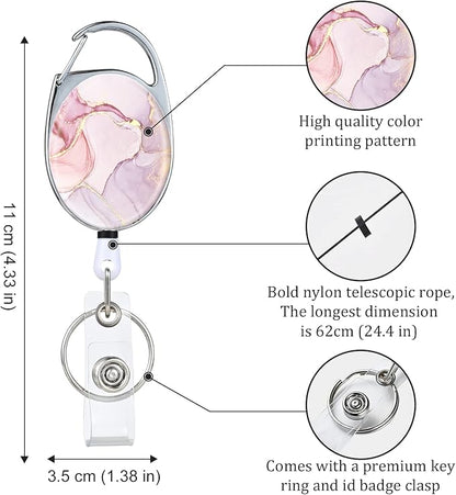 Badge Reels Retractable，Double Sided Color Print Pattern Badge Holders，with Keychain, Clip and Key Ring，Durable Nylon Rope，Pink Marble