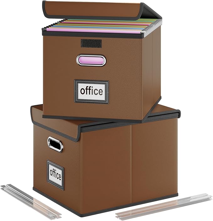 Huolewa Upgraded File Organizer Boxes with Lids, Collapsible Faux Leather Hanging File Folder Box Organizer with Plastic Slide, Decorative Home/Office Filing System Boxes for File and Folders Storage