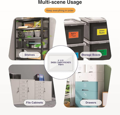 Clear Adhesive 3" x 5" Index Card Pockets with Top Open for Loading, 50 Pack, Plastic Labels Holders for Storage Bins and Library Card, Ideal Card Holder for Organizing and Protecting Your Index Cards