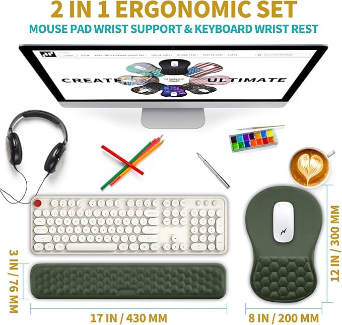 Hokafenle 2 in 1 Ergonomic Mouse Pad Wrist Support & Wrist Rest for Computer Keyboard Set, with Relieve Carpal Tunnel Pain Massage Bulge and Full Memory Gel Design (2In1 Set, Dark Green)