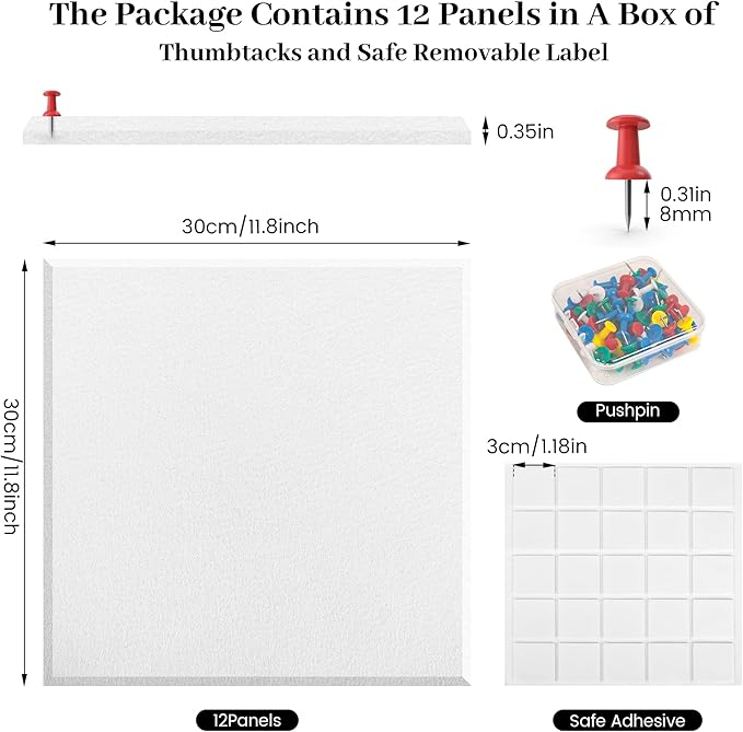 Large Office Cork Board Alternative - 47"x35"12 Pack Felt Wall Tiles Self-Adhesive Safe Removable No Damage for Wall Pin Board Tack Board Felt Cork Board for Walls or Office 48 x 36 White