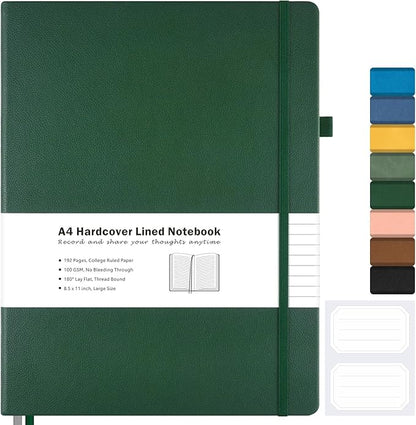 College Ruled Notebook, A4 Hardcover Leather Notebook for Work, Lined Notebook Journal for Women, Men, 192 Thick Paper, Lay Flat, Large Notebook with 2 Pockets, Professional Business Notebook, Green