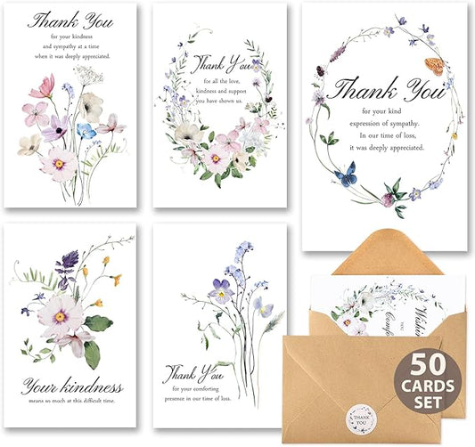 C2U Funeral Thank You Cards with Envelopes(50 Pack 4"x6"),Stickers & Message Inside - Wildflower Bereavement Sympathy Thank You Cards for Funeral Family Friends Loved Ones