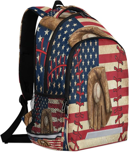 Vintage Baseball American Flag Pattern Backpack School Bookbag Laptop Purse Casual Daypack for Teen Girls Women Boys Men College Travel